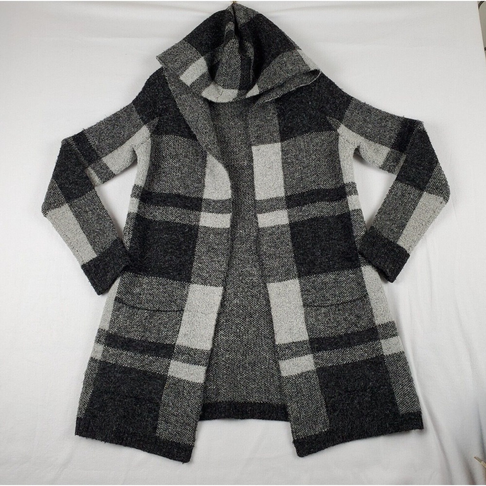 Penelope Leroy Sweater Women's Small Gray Buffalo Plaid  Hooded Cardigan Duster‎